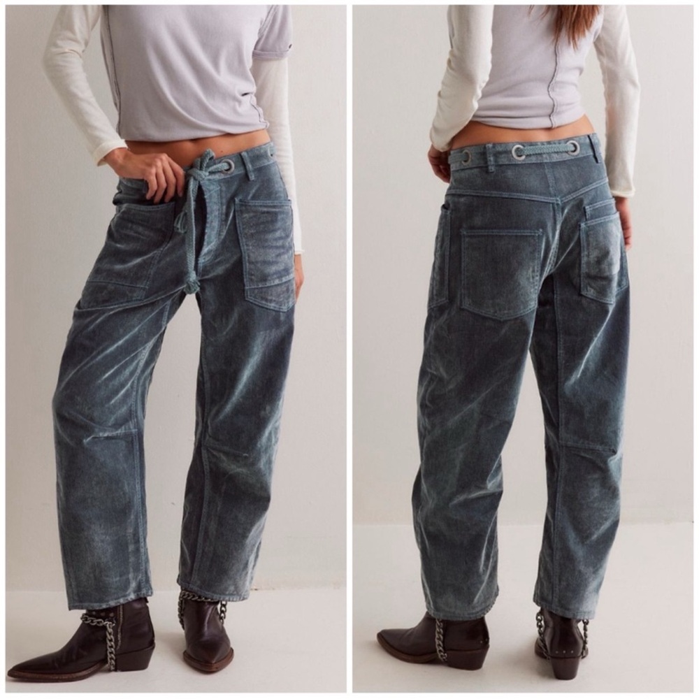 We The Free People Flocked Moxie Pull On Barrel Jeans in Mountain Green Baggy
